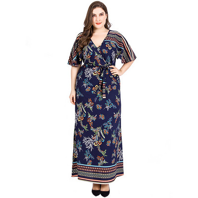 Virágos Boho tengerparti ruha nagy méretű női nyári V nyakú fodros rövid ujjú virágos maxi hosszú ruhák öves női tunika ruha