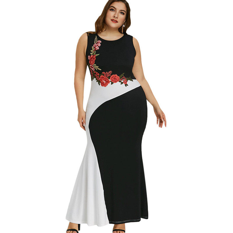 Lielizmēra izšuvumi Rozes Nāriņas savārstījums 5XL Kleita Maxi Sexy Black Tank V kakla izgriezumā, Eleganta ballīšu sieviešu kleita vakartērps