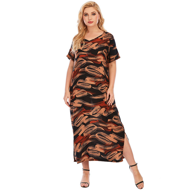 Liela izmēra 2021. gada vasaras apdrukāta ballīšu kleita sievietēm Eleganta V veida kakla izgriezuma kleita ar īsām piedurknēm Sieviešu ikdienas, brīva A līnijas kleita Vestido