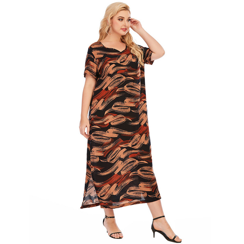 Liela izmēra 2021. gada vasaras apdrukāta ballīšu kleita sievietēm Eleganta V veida kakla izgriezuma kleita ar īsām piedurknēm Sieviešu ikdienas, brīva A līnijas kleita Vestido