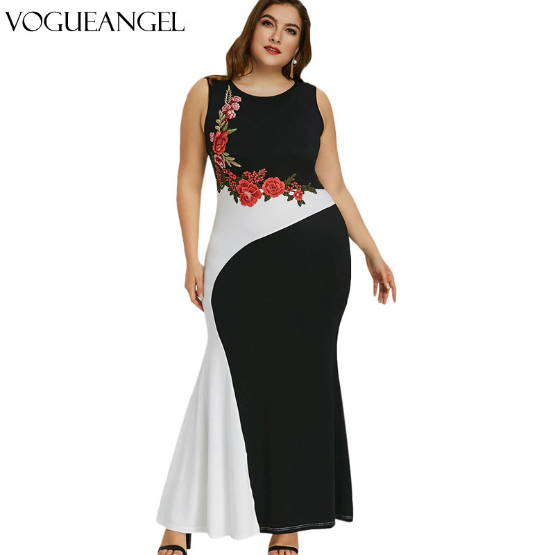 Izšūšana Roses Mermaid Plus Size 5XL Kleita Maxi Sexy Black Tank V kakla izgriezums, garš Elegantas ballītes sieviešu kleita vakara apģērbs