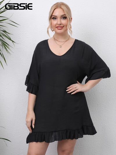 GIBSIE Plus Size V nyakkötő hátul tömör fodros szegély ünnepi ruha női nyári fél ujjú bő strandruha 4xl női ruházat