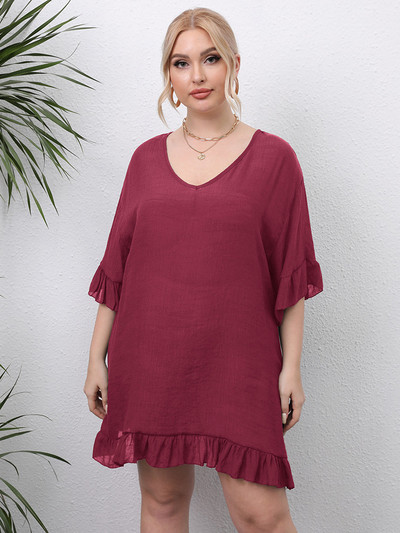 Dámske letné plážové šaty GIBSIE Plus Size s výstrihom do V a zaväzovaním vzadu, jednofarebný volánikový lem, voľné plážové šaty 4xl