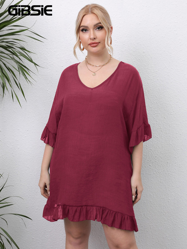 Dámske letné plážové šaty GIBSIE Plus Size s výstrihom do V a zaväzovaním vzadu, jednofarebný volánikový lem, voľné plážové šaty 4xl