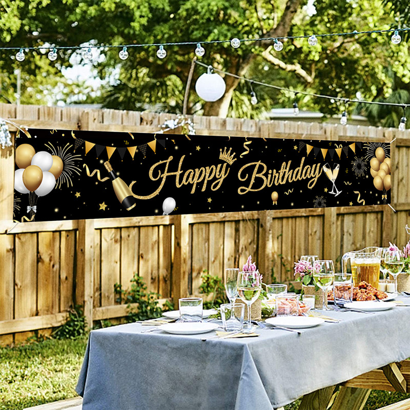 Melnā zelta reklāmkarogs daudz laimes dzimšanas dienā bērnu dzimšanas dienas ballītes dekorēšana zēna meitenes dzimšanas dienas reklāmkarogs āra dekors bērnu dušas piegādātājs