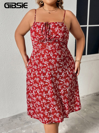 GIBSIE Plus Size Ditsy Floral Knot Μπροστινό φόρεμα Cami Γυναικείο Holiday Boho Beach Καλοκαιρινό ψηλόμεσο Αμάνικο μίντι φορέματα γραμμής