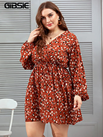 GIBSIE Surplice Neck Casual Print Φόρεμα Plus Size 4xl xxxl Γυναικείο φθινοπωρινό μακρυμάνικο κορδόνι μέσης σε γραμμή Α Μίνι φόρεμα Vestidos