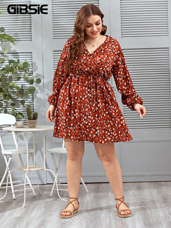 GIBSIE Surplice Neck Casual Print Φόρεμα Plus Size 4xl xxxl Γυναικείο φθινοπωρινό μακρυμάνικο κορδόνι μέσης σε γραμμή Α Μίνι φόρεμα Vestidos