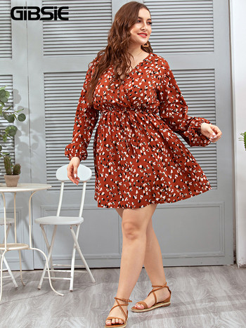 GIBSIE Surplice Neck Casual Print Φόρεμα Plus Size 4xl xxxl Γυναικείο φθινοπωρινό μακρυμάνικο κορδόνι μέσης σε γραμμή Α Μίνι φόρεμα Vestidos