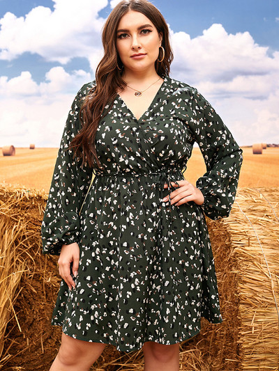 GIBSIE apgriezta kakla ikdienas kleita ar apdruku lielizmēra 4xl xxxl sievietēm rudens ar garām piedurknēm, savilkšanas aukliņu jostasvietā A-līnijas mini kleita Vestidos