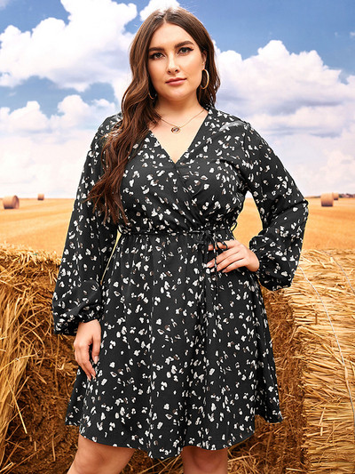 GIBSIE apgriezta kakla ikdienas kleita ar apdruku lielizmēra 4xl xxxl sievietēm rudens ar garām piedurknēm, savilkšanas aukliņu jostasvietā A-līnijas mini kleita Vestidos