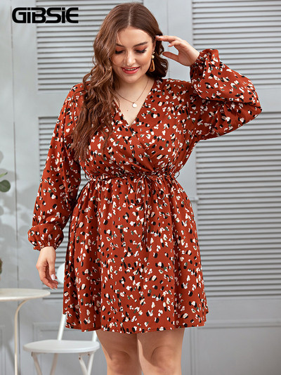 GIBSIE apgriezta kakla ikdienas kleita ar apdruku lielizmēra 4xl xxxl sievietēm rudens ar garām piedurknēm, savilkšanas aukliņu jostasvietā A-līnijas mini kleita Vestidos