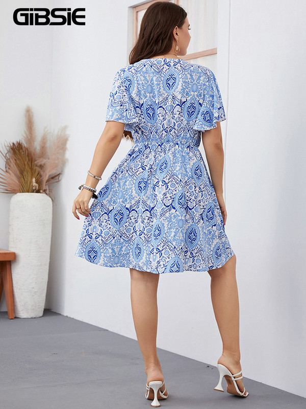 GIBSIE lielizmēra V izmēra kleita ar tauriņu piedurknēm ar apdruku sievietēm 2022. gada vasaras brīvdienu A līnijas elastīgās jostasvietas pludmales minikleitas XXXL 4XL