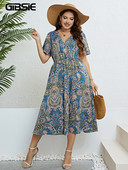 GIBSIE Plus Size Surplice Neck Paisley Μακρυό Φόρεμα Γυναικεία Καλοκαιρινές Διακοπές Παραλία με μανίκια πεταλούδας ελαστικά φορέματα σε γραμμή Α