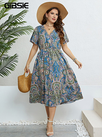 GIBSIE Plus Size Surplice Neck Paisley Μακρυό Φόρεμα Γυναικεία Καλοκαιρινές Διακοπές Παραλία με μανίκια πεταλούδας ελαστικά φορέματα σε γραμμή Α