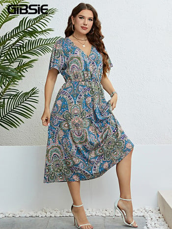 GIBSIE Plus Size Surplice Neck Paisley Μακρυό Φόρεμα Γυναικεία Καλοκαιρινές Διακοπές Παραλία με μανίκια πεταλούδας ελαστικά φορέματα σε γραμμή Α