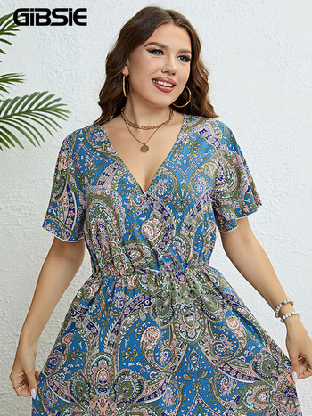 GIBSIE Plus Size Surplice Neck Paisley Μακρυό Φόρεμα Γυναικεία Καλοκαιρινές Διακοπές Παραλία με μανίκια πεταλούδας ελαστικά φορέματα σε γραμμή Α