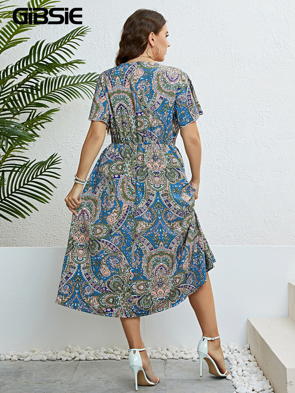 GIBSIE lielizmēra pārliekta kakla kleita ar Paisley Print gara kleita sievietēm vasaras brīvdienās pludmales tauriņpiedurknēs elastīgas A līnijas kleitas