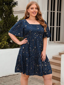 GIBSIE Nagy méretű, négyzet alakú nyakú, aranymintás fodros szegélyes ruha női utcai ruházathoz, alkalmi vintage rövid ujjú nyári ruhák 2023-hoz