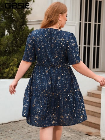 GIBSIE Plus Size τετράγωνο λαιμόκοψη Χρυσό φόρεμα με βολάν για γυναίκες Streetwear casual vintage κοντομάνικα καλοκαιρινά φορέματα 2023