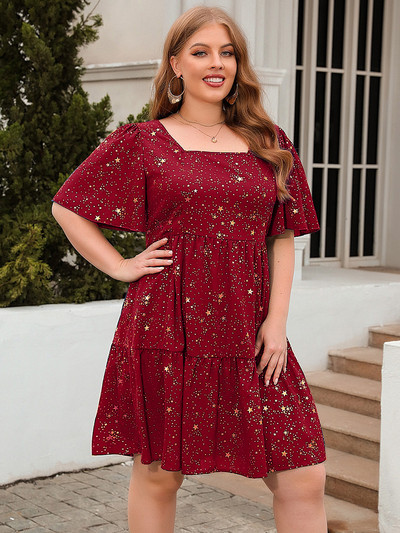 GIBSIE Nagy méretű, négyzet alakú nyakú, aranymintás fodros szegélyes ruha női utcai ruházathoz, alkalmi vintage rövid ujjú nyári ruhák 2023-hoz