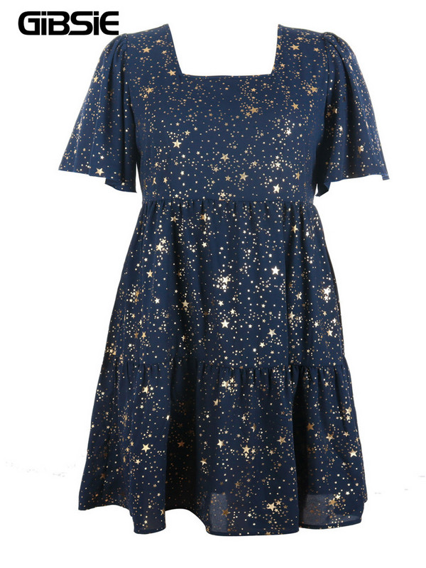 GIBSIE Nagy méretű, négyzet alakú nyakú, aranymintás fodros szegélyes ruha női utcai ruházathoz, alkalmi vintage rövid ujjú nyári ruhák 2023-hoz