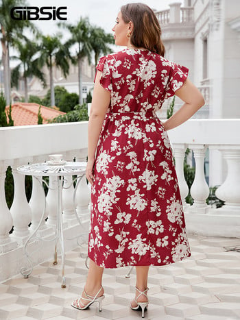 GIBSIE Plus Size Floral στάμπα με μανίκια πεταλούδας Γυναικείο φόρεμα Boho Summer V λαιμόκοψη Φορέματα διακοπών σε γραμμή Α με ψηλή μέση