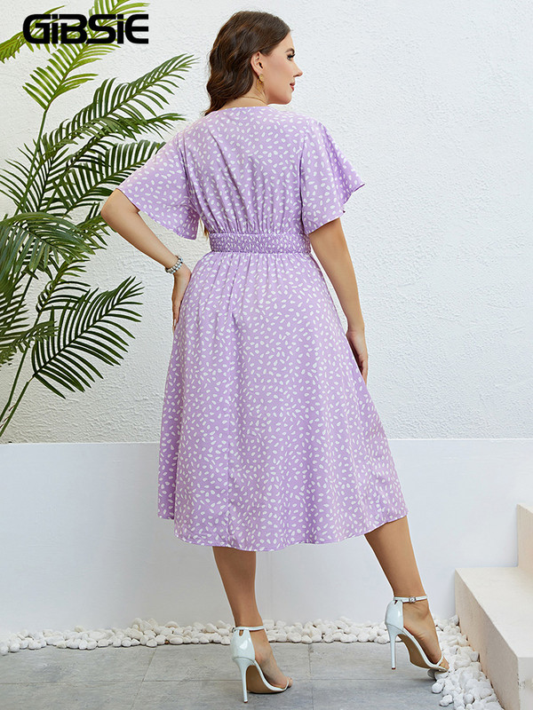 GIBSIE Lielizmēra kleita ar tauriņu piedurknēm ar apdruku, sievietēm vasaras brīvdienām, elastīga jostasvieta, ikdienišķas, saldas, A-līnijas Midi kleitas