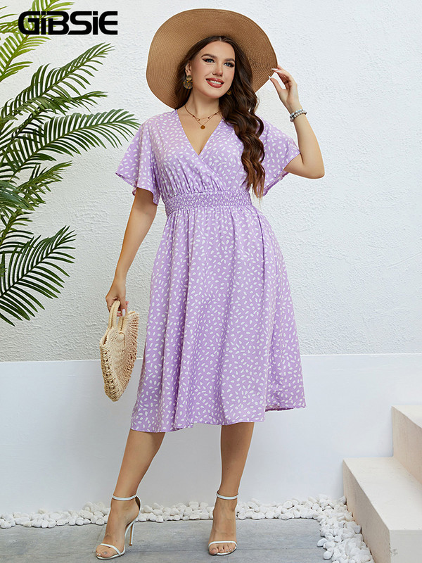GIBSIE Lielizmēra kleita ar tauriņu piedurknēm ar apdruku, sievietēm vasaras brīvdienām, elastīga jostasvieta, ikdienišķas, saldas, A-līnijas Midi kleitas