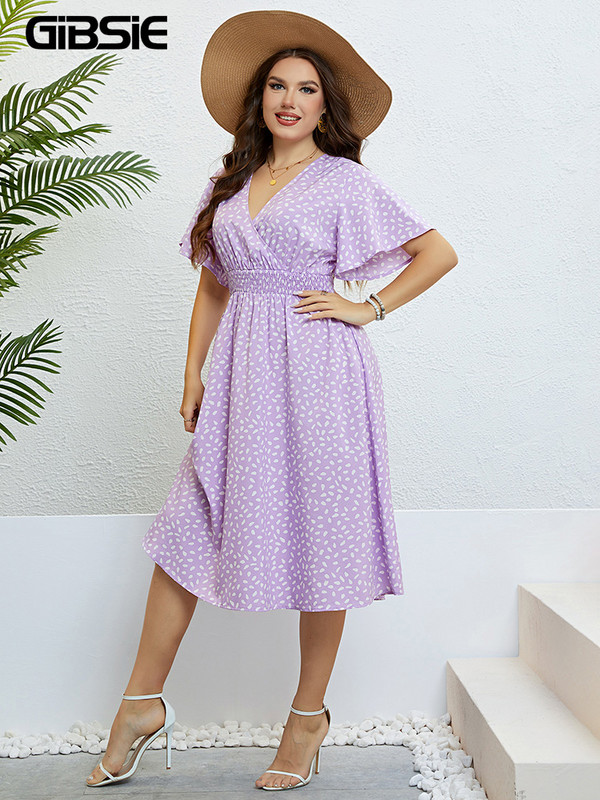 GIBSIE Lielizmēra kleita ar tauriņu piedurknēm ar apdruku, sievietēm vasaras brīvdienām, elastīga jostasvieta, ikdienišķas, saldas, A-līnijas Midi kleitas