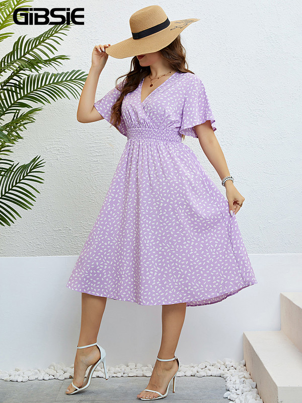 GIBSIE Lielizmēra kleita ar tauriņu piedurknēm ar apdruku, sievietēm vasaras brīvdienām, elastīga jostasvieta, ikdienišķas, saldas, A-līnijas Midi kleitas