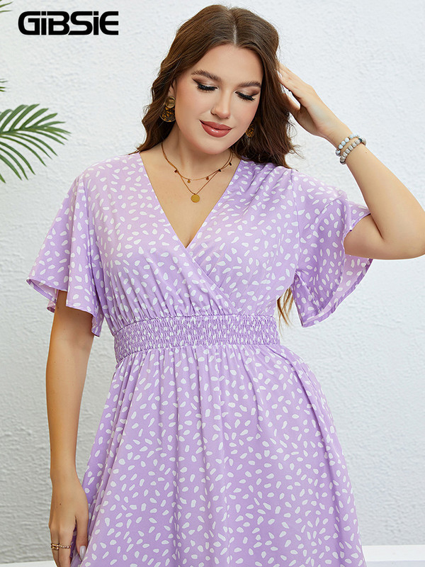 GIBSIE Lielizmēra kleita ar tauriņu piedurknēm ar apdruku, sievietēm vasaras brīvdienām, elastīga jostasvieta, ikdienišķas, saldas, A-līnijas Midi kleitas