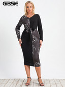 GIBSIE lielizmēra grafiskas krāsas bloku mezgls priekšpusē Bodycon kleita sievietēm rudens V kakla izgriezumā ar garām piedurknēm seksīgas ikdienišķas, sadalītas midi kleitas