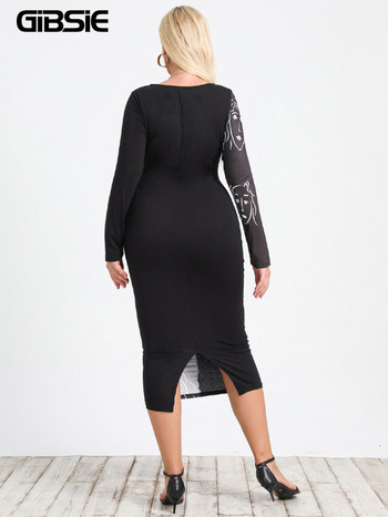 GIBSIE Plus Size Graphic Color Block Knot Μπροστινό Bodycon Φόρεμα Γυναικείο Φθινοπωρινό V λαιμόκοψη μακρυμάνικο σέξι casual μίντι φορέματα