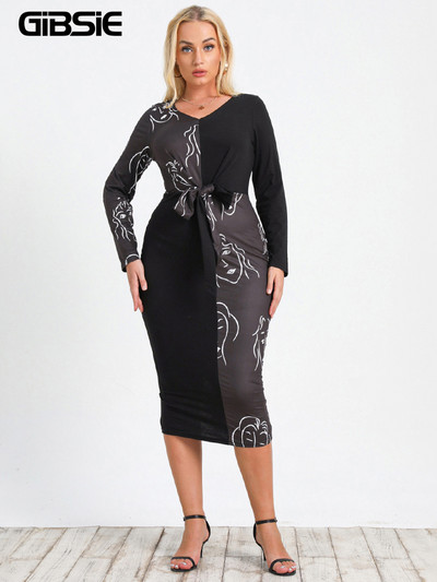 GIBSIE Plus Size Grafikus színes blokk csomós elöl Bodycon ruha női őszi V nyakú, hosszú ujjú szexi alkalmi hasított midi ruhák