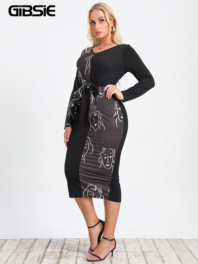 GIBSIE lielizmēra grafiskas krāsas bloku mezgls priekšpusē Bodycon kleita sievietēm rudens V kakla izgriezumā ar garām piedurknēm seksīgas ikdienišķas, sadalītas midi kleitas