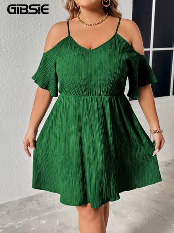 GIBSIE Plus Size Cold Shoulder V-Neck Solid Cami Φόρεμα Γυναικεία μόδα 2023 Καλοκαιρινό ψηλόμεσο Γλυκά casual γυναικεία κοντά φορέματα