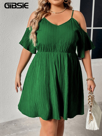 GIBSIE Plus Size Cold Shoulder V-Neck Solid Cami Φόρεμα Γυναικεία μόδα 2023 Καλοκαιρινό ψηλόμεσο Γλυκά casual γυναικεία κοντά φορέματα