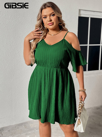 GIBSIE Plus Size Cold Shoulder V-Neck Solid Cami Φόρεμα Γυναικεία μόδα 2023 Καλοκαιρινό ψηλόμεσο Γλυκά casual γυναικεία κοντά φορέματα