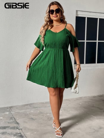 GIBSIE Plus Size Cold Shoulder V-Neck Solid Cami Φόρεμα Γυναικεία μόδα 2023 Καλοκαιρινό ψηλόμεσο Γλυκά casual γυναικεία κοντά φορέματα