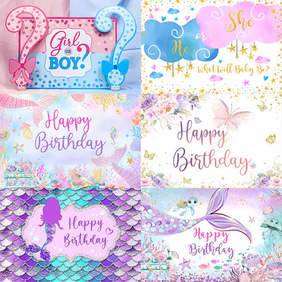 Ggender Reveal Backdrop Photocall Mermaid Party Banner Background Butterfly Happy Birthday Pary Decor Kids Boy Girl Baby Shower