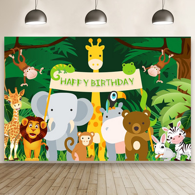 125 x 80 cm Safari Jungle Animals La mulți ani Fundal pentru fotografie Fundal pentru petrecerea de aniversare a copiilor