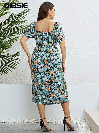 GIBSIE Plus Size Floral Print Knot Μπροστινό φουσκωτό μανίκι Γυναικείο φόρεμα Καλοκαίρι 2023 Boho Holiday Ελαστική μέση Γλυκά μακριά φορέματα με σπαστό