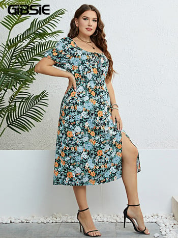 GIBSIE Plus Size Floral Print Knot Μπροστινό φουσκωτό μανίκι Γυναικείο φόρεμα Καλοκαίρι 2023 Boho Holiday Ελαστική μέση Γλυκά μακριά φορέματα με σπαστό