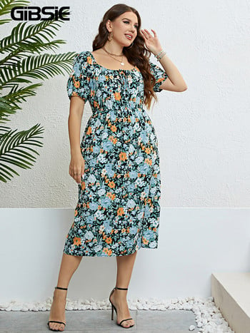 GIBSIE Plus Size Floral Print Knot Μπροστινό φουσκωτό μανίκι Γυναικείο φόρεμα Καλοκαίρι 2023 Boho Holiday Ελαστική μέση Γλυκά μακριά φορέματα με σπαστό