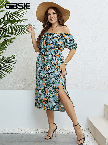 GIBSIE Plus Size Floral Print Knot Μπροστινό φουσκωτό μανίκι Γυναικείο φόρεμα Καλοκαίρι 2023 Boho Holiday Ελαστική μέση Γλυκά μακριά φορέματα με σπαστό