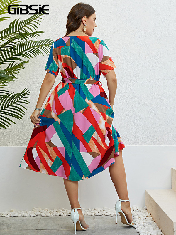 GIBSIE Geo Print O-veida kakla jostas Midi kleitas Lielizmēra vasaras īsām piedurknēm Sieviešu Modes Vintage A-līnijas ikdienas kleita 2023 Jaunums
