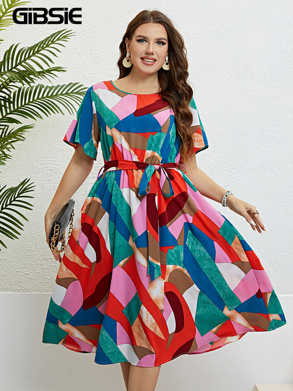 GIBSIE Geo Print O-veida kakla jostas Midi kleitas Lielizmēra vasaras īsām piedurknēm Sieviešu Modes Vintage A-līnijas ikdienas kleita 2023 Jaunums