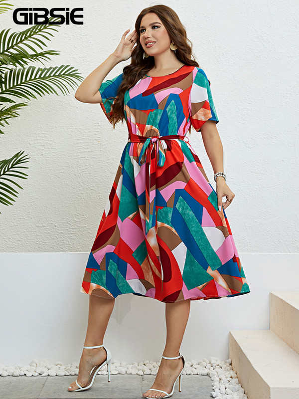 GIBSIE Geo Print O-veida kakla jostas Midi kleitas Lielizmēra vasaras īsām piedurknēm Sieviešu Modes Vintage A-līnijas ikdienas kleita 2023 Jaunums