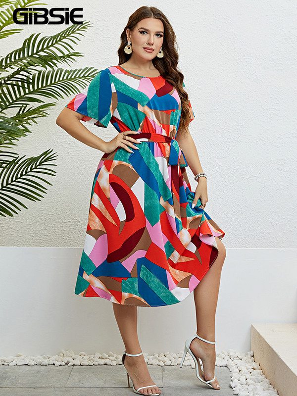 GIBSIE Geo Print O-veida kakla jostas Midi kleitas Lielizmēra vasaras īsām piedurknēm Sieviešu Modes Vintage A-līnijas ikdienas kleita 2023 Jaunums